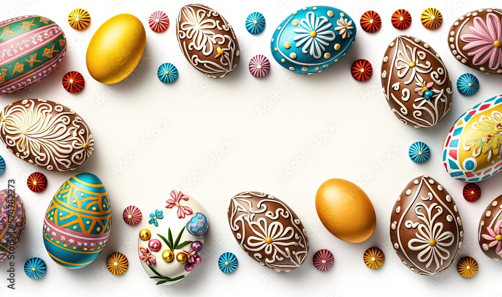 Poster a group of colorful easter eggs on a white background with a place for a text in the middle of the i