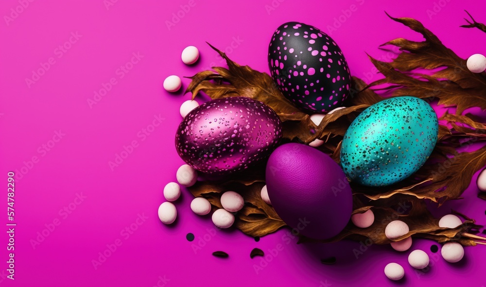 Poster a group of colorful eggs sitting on top of a purple surface with leaves and eggs on top of it and wh