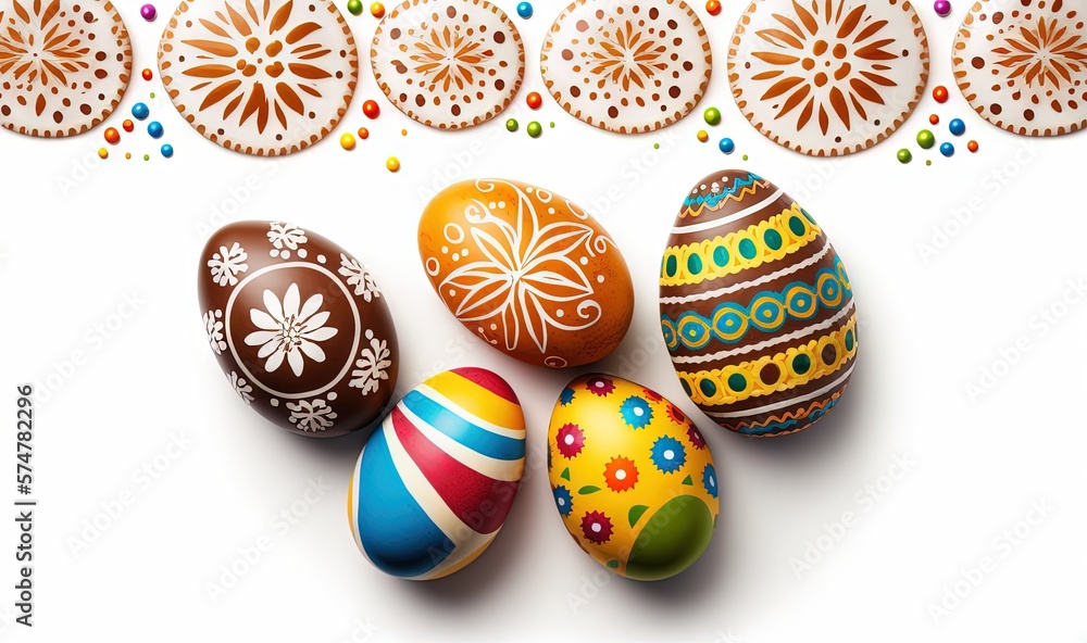 Aufkleber a group of decorated eggs sitting on top of a white tablecloth with a border of circles in the middl