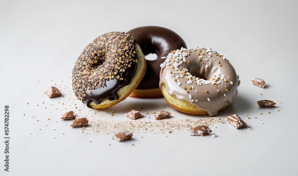 Poster three donuts with chocolate frosting and sprinkles on a white surface with scattered chocolate chips