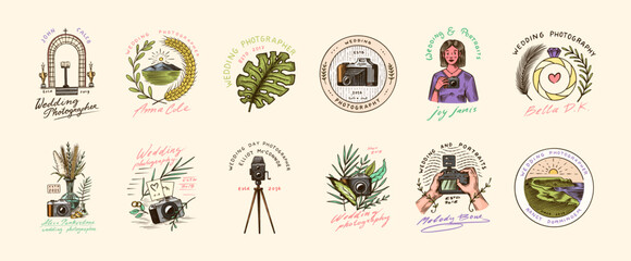 Wedding photographer badges or logos. Photo camera for the holiday. Photography Community. Templates for Retro Studio, vintage store or shop. Hand drawn sketch for postcard, banners. 