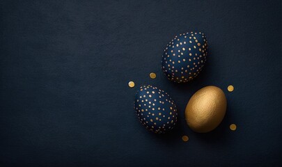  three blue and gold decorated eggs on a blue surface with gold confetti scattered around them on a dark blue surface with gold dots.  generative ai