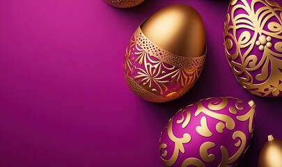  a group of gold and purple decorated eggs on a purple background with a purple background and a purple background with a gold pattern on the top.  generative ai