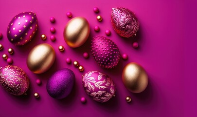 Fototapeta na wymiar a group of different colored easter eggs on a purple surface with gold and pink decorations around them and pearls on the bottom of the eggs. generative ai