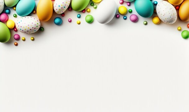  a white background with colorful easter eggs and sprinkles on the bottom of the image is a white sheet with a white space for text.  generative ai