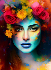 Portrait of a beautiful woman with flowers, Digital painting of a beautiful girl, Digital illustration of a female face