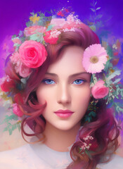 Portrait of a beautiful woman with flowers, Digital painting of a beautiful girl, Digital illustration of a female face