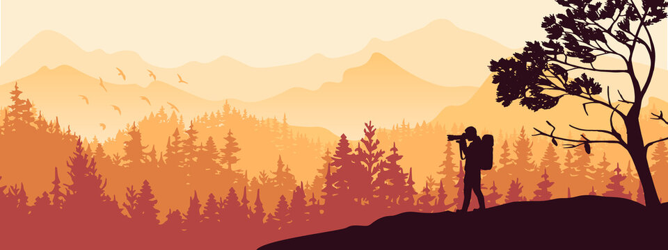 Photographer stands on hill take picture of landscape. Mountains and forest in background. Orange silhouette illustration. Banner. 