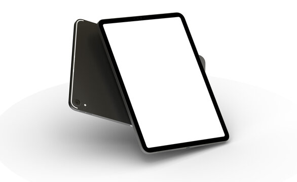 Modern tablet computer stand with blank screen isolated on white background