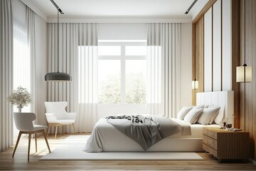 Fototapeta premium bedroom cozy wood light hotel apartment new contemporary white estate clear exclusive elegant chair. Generative AI
