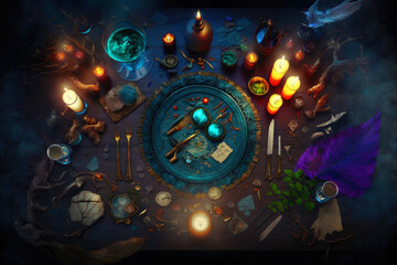 Wizard table with witchcraft accessories. Created with Generative AI technology.