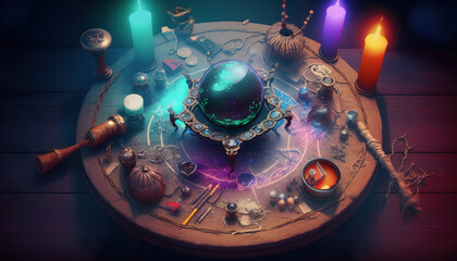 Wizard table with orb of predictions and witchcraft accessories. Created with Generative AI technology.