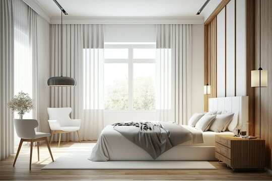 bedroom cozy wood light hotel apartment new contemporary white estate clear exclusive elegant chair. Generative AI