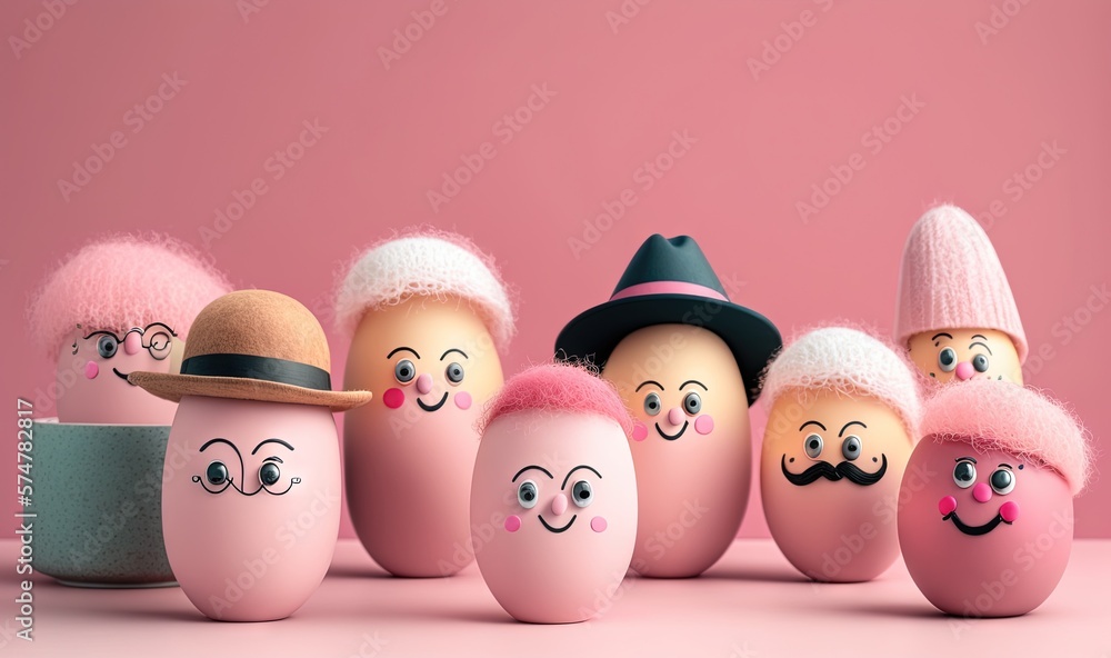 Poster a group of eggs with faces painted on them and a hat on top of one of the eggs is surrounded by othe