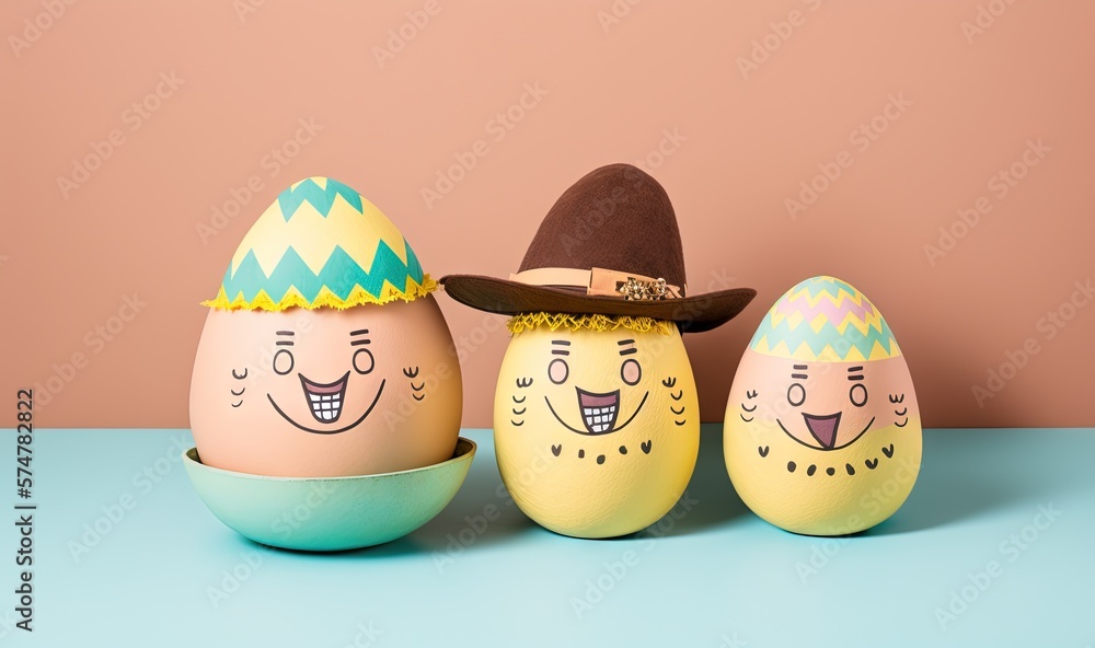 Poster three eggs with faces painted on them sitting in a row on a blue surface with a brown hat on top of 