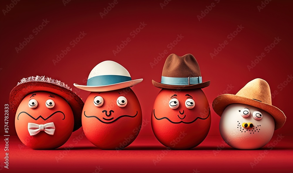 Poster a group of three red eggs with faces painted on them and a hat on top of one of the eggs is wearing 