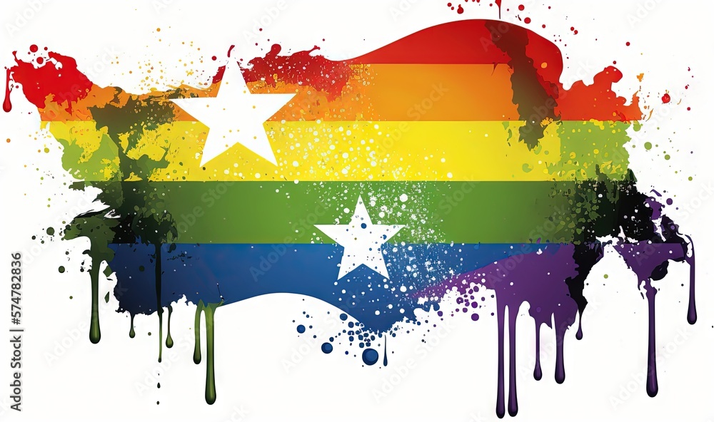 Poster a rainbow flag with a star painted on the bottom of it and dripping paint on the bottom of the flag,
