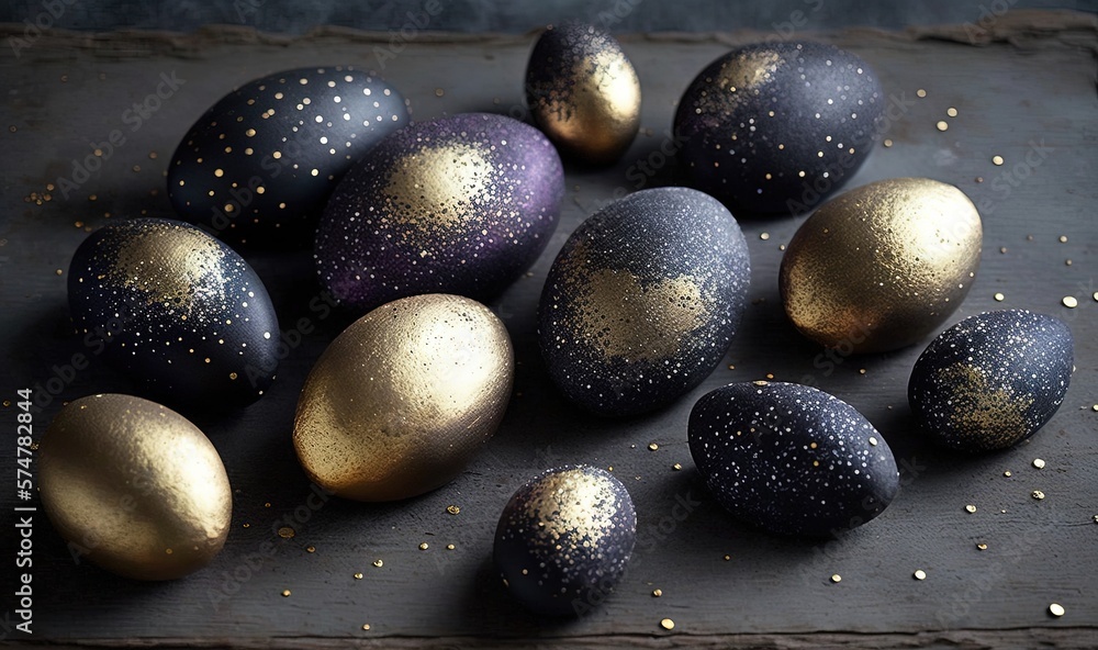 Poster a bunch of gold and black eggs on a table with gold flecks on them and a black tray with gold flecks