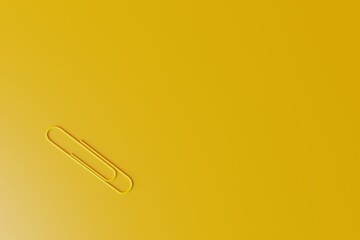 Yellow paper clip on a yellow background. Concept of office work, creativity. 3d render, 3d