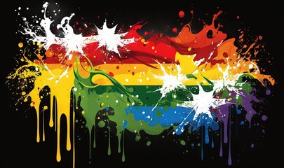  a rainbow paint splattered wallpaper with a black background and a rainbow flag in the center of the image and a splash of white paint on the wall.  generative ai