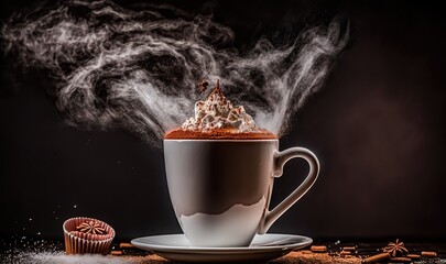  a cup of hot chocolate with steam coming out of it and a cup of hot chocolate next to it on a saucer with cinnamons on a black background.  generative ai
