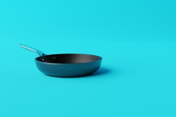 Black frying pan on a blue background. The concept of frying, cooking. Buying equipment for the kitchen, dishes. 3d render.