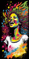 A woman in the throes of joy, her laughter painted in a kaleidoscope of colors, radiates the free-spirited essence of happiness and vivid creativity.