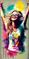 Jubilant young woman raises her arms in a carefree dance, surrounded by a whirl of colorful splashes, symbolizing freedom, creativity, and the joy of living.