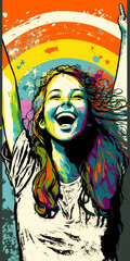 Joyful woman with a rainbow overhead celebrates life, her vibrant laughter captured amidst splashes of color. A symbol of happiness and freedom, her expression is a burst of optimism.