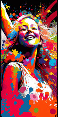Energetic woman with arms raised high, enveloped in a festival of vivid hues, represents the ultimate celebration of life. Her dazzling smile and colorful aura express pure delight and excitement.