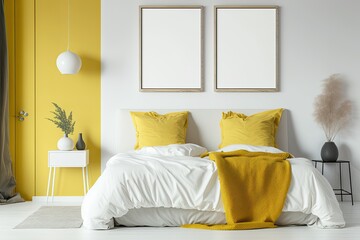 Two vertical posters are framed on the bedroom's yellow wall. Generative AI