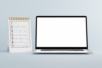 To do list and laptop. The concept of planning activities for the new year, new season. Planning your life and jotting them down on notes. 3D render, 3D illustration.