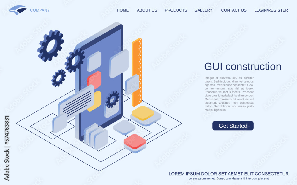 Poster mobile application development, gui construction, software engineering flat 3d isometric style vecto