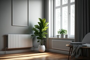 Interior of a contemporary room with a plant, drapes, and a heating battery. Generative AI