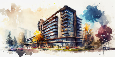generative ai illustration by midjourney, watercolor image of a modern residential building
