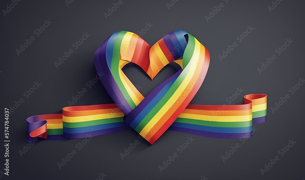 Poster a rainbow ribbon with a heart shaped cut out of it on a black background with a shadow of the ribbon