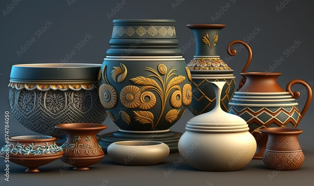 Poster a group of vases sitting next to each other on a gray surface with a black background behind them an