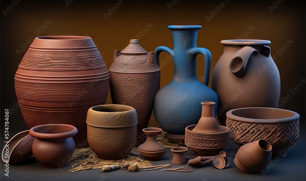 Poster a collection of clay pots and vases sitting on a table top with a brown background behind them and a
