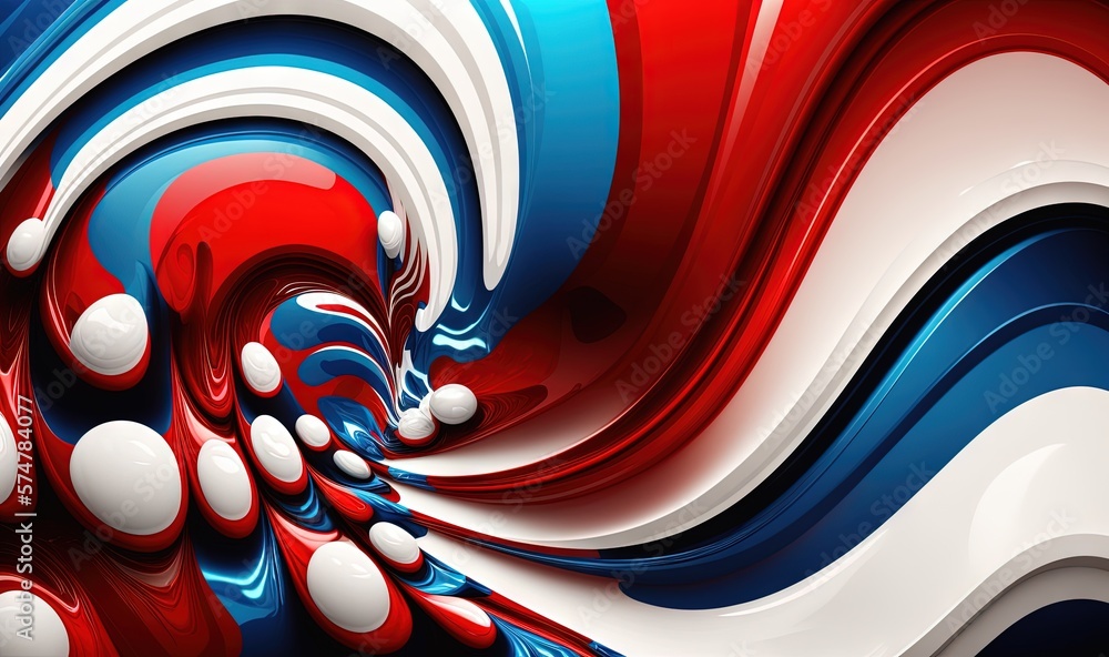 Poster a red, white and blue abstract background with white and blue swirls and dots on the bottom of the i