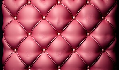  a close up of a pink leather upholstered chair with rivets on the back of the seat and a black background with a black border.  generative ai