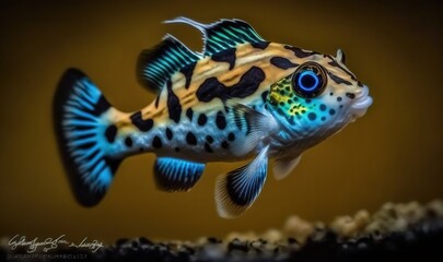  a blue and yellow fish with black spots on it's body and a black and white stripe on its body and a brown background.  generative ai