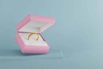 A box with a gold ring inside. Proposal concept, ring, engagement ring. 3D render, 3D illustration.
