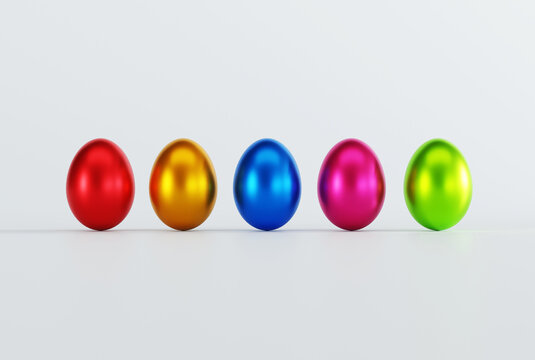 Different colored eggs, Easter eggs. Easter concept and holiday traditions. 3D render, 3D illustration.