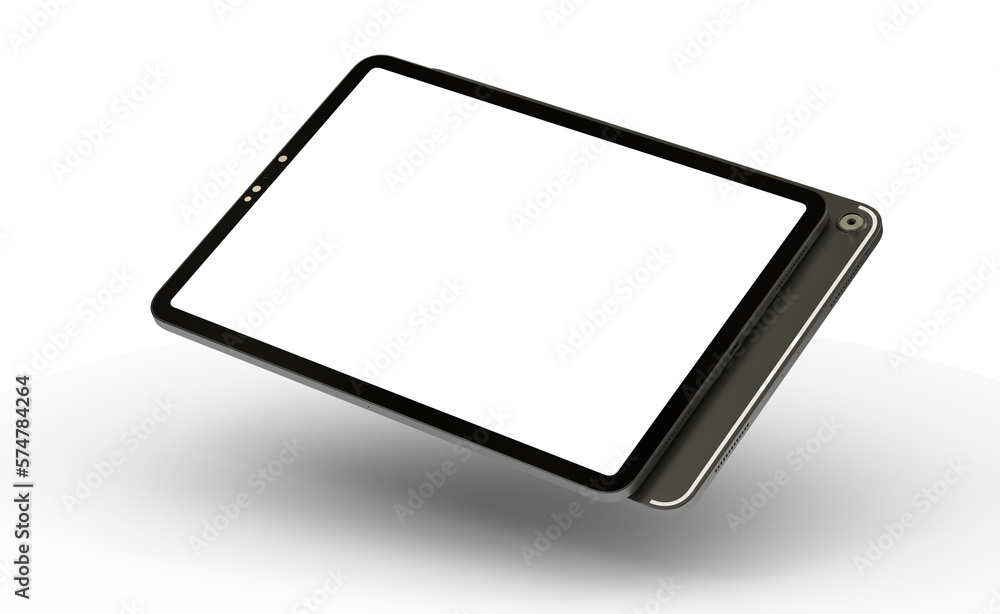 Poster modern tablet computer stand with blank screen isolated on white background