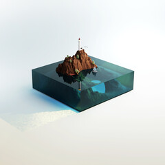 A stony mountain island with a lighthouse on top and turquoise water in the form of a mini world, a diorama. The concept of exploring beautiful landscapes, vacations. 3D render, 3D illustration.