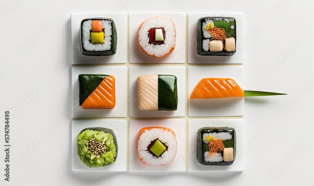 Poster a white plate topped with different types of sushi on top of a white table next to a green leaf and 