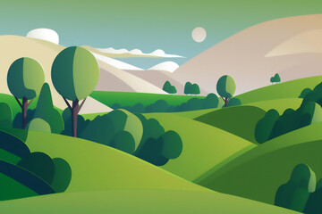 Generative ai illustration of rolling hills with scattered green trees, minimalist illustration, wallpaper.