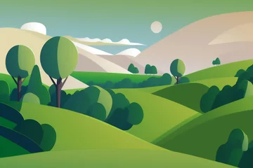 Selbstklebende Fototapeten Generative ai illustration of rolling hills with scattered green trees, minimalist illustration, wallpaper. © JoseLuis