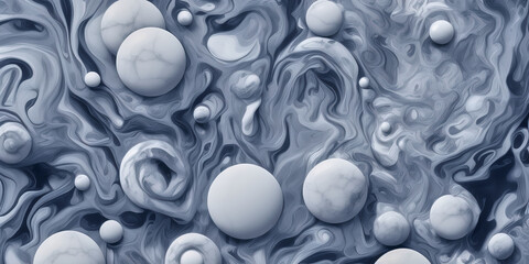 Marble stones floating on the surface of a bubbling mercury-like liquid, Generative AI