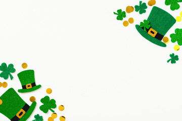 St Patricks Day greeting card template with leprechauns hats, shamrock clover leaves, confetti on...